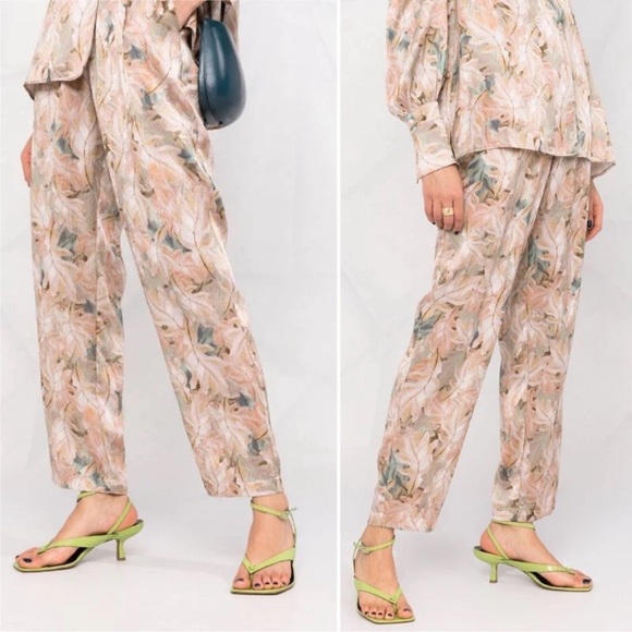 Forte Forte 100% Silk Leaf Print Trousers Size 6 Neutral Pants Straight Pull-on - Picture 1 of 9